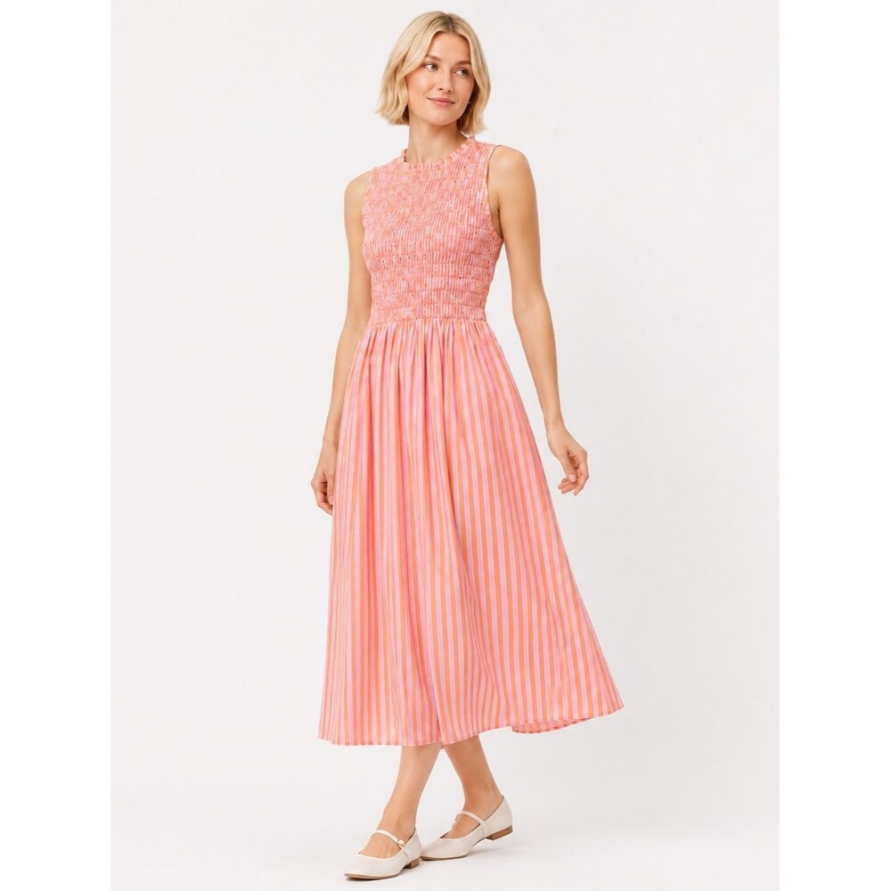 LOFT Striped Poplin Midi Dress Women’s M Pink Orange Sleeveless Smocked Preppy